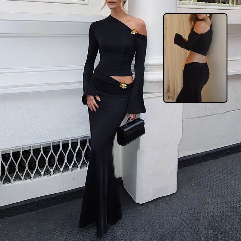Women's Off-Shoulder Bell-Sleeve Top and Long Skirt Set