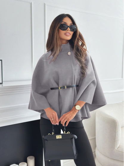 Women's Stand-Collar Batwing Cape Jacket with Belt (photo 22)
