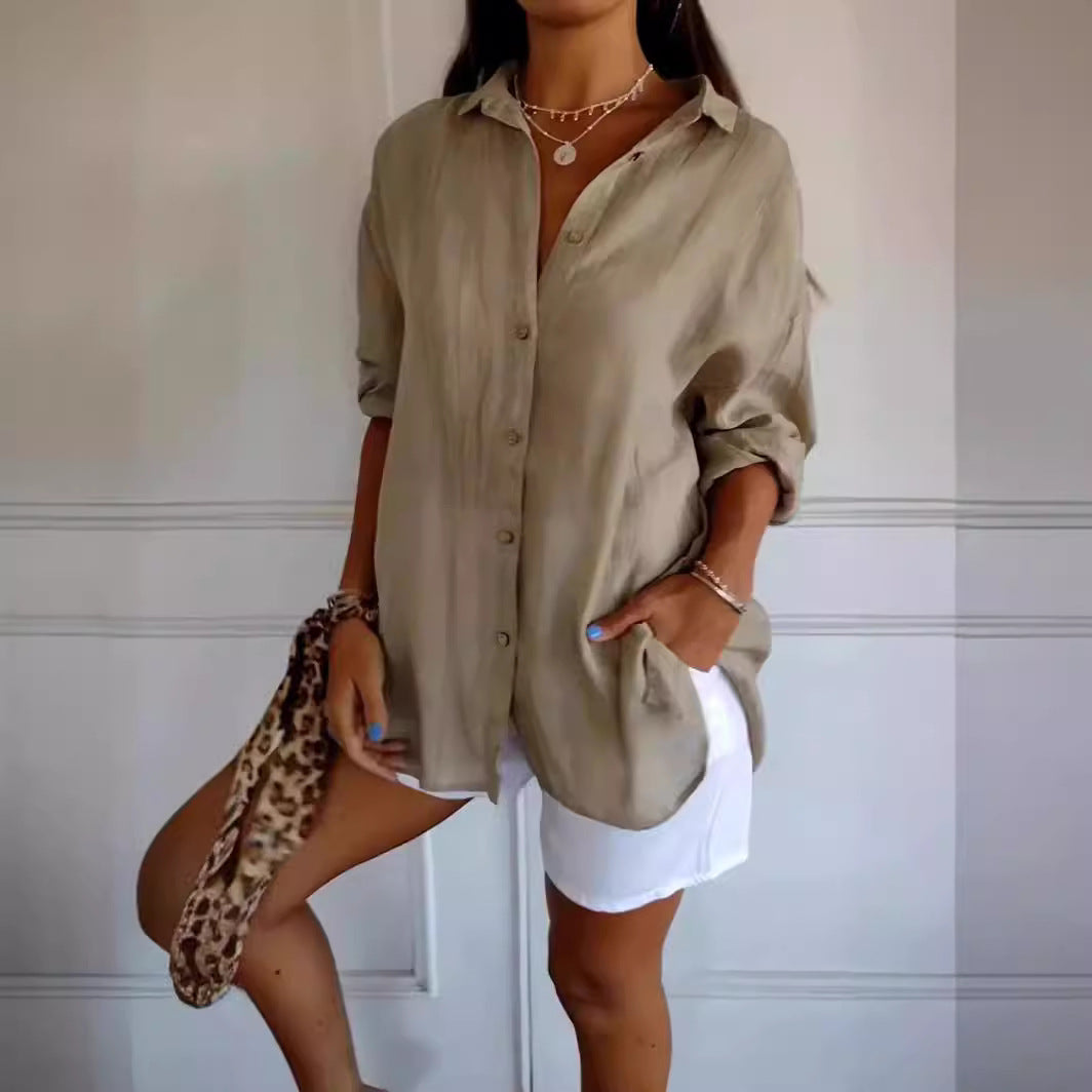 Women's Lapel Long-Sleeve Pleated Button-Front Shirt (photo 4)