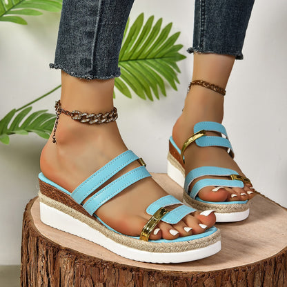 Women's Colorblock Strap Wedge Slide Sandals (photo 3)