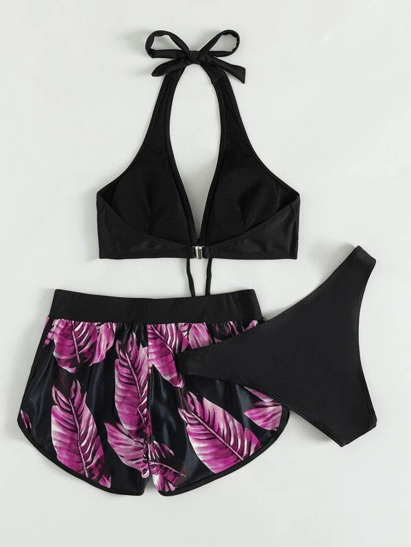 Women's 3-Piece Leaf Print Bikini with Shorts (photo 9)