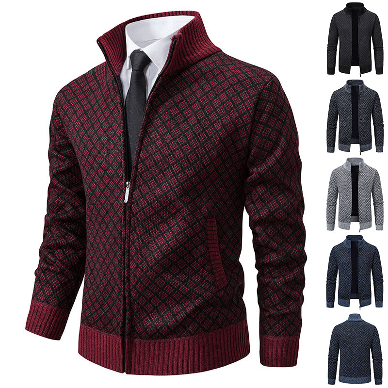 Men's Plaid Knit Zip-Up Cardigan Sweater