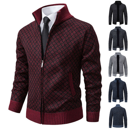 Men's Plaid Knit Zip-Up Cardigan Sweater