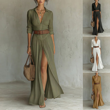 Women's V-Neck Maxi Shirt Dress with Side Slit