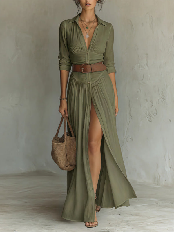 Women's V-Neck Maxi Shirt Dress with Side Slit (photo 5)