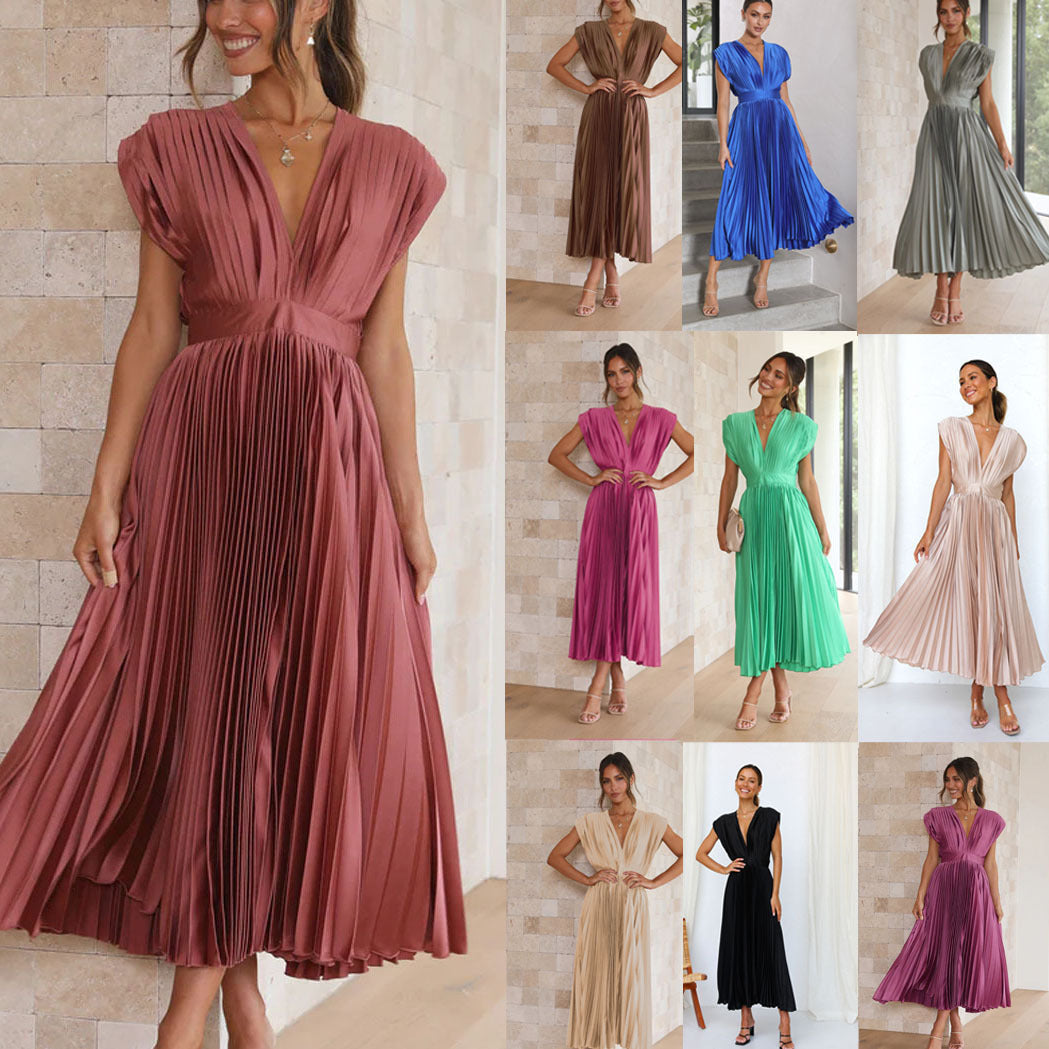 Women's V-Neck Pleated Sleeveless Dress with Zipper (photo 19)