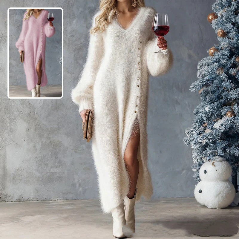 Women's V-Neck Knit Maxi Dress with Buttons and Slit