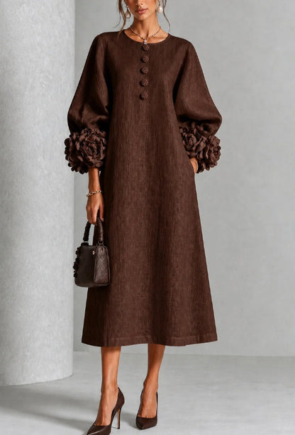 Women's A-Line Midi Dress with 3D Floral Details and Puff Sleeves (photo 11)