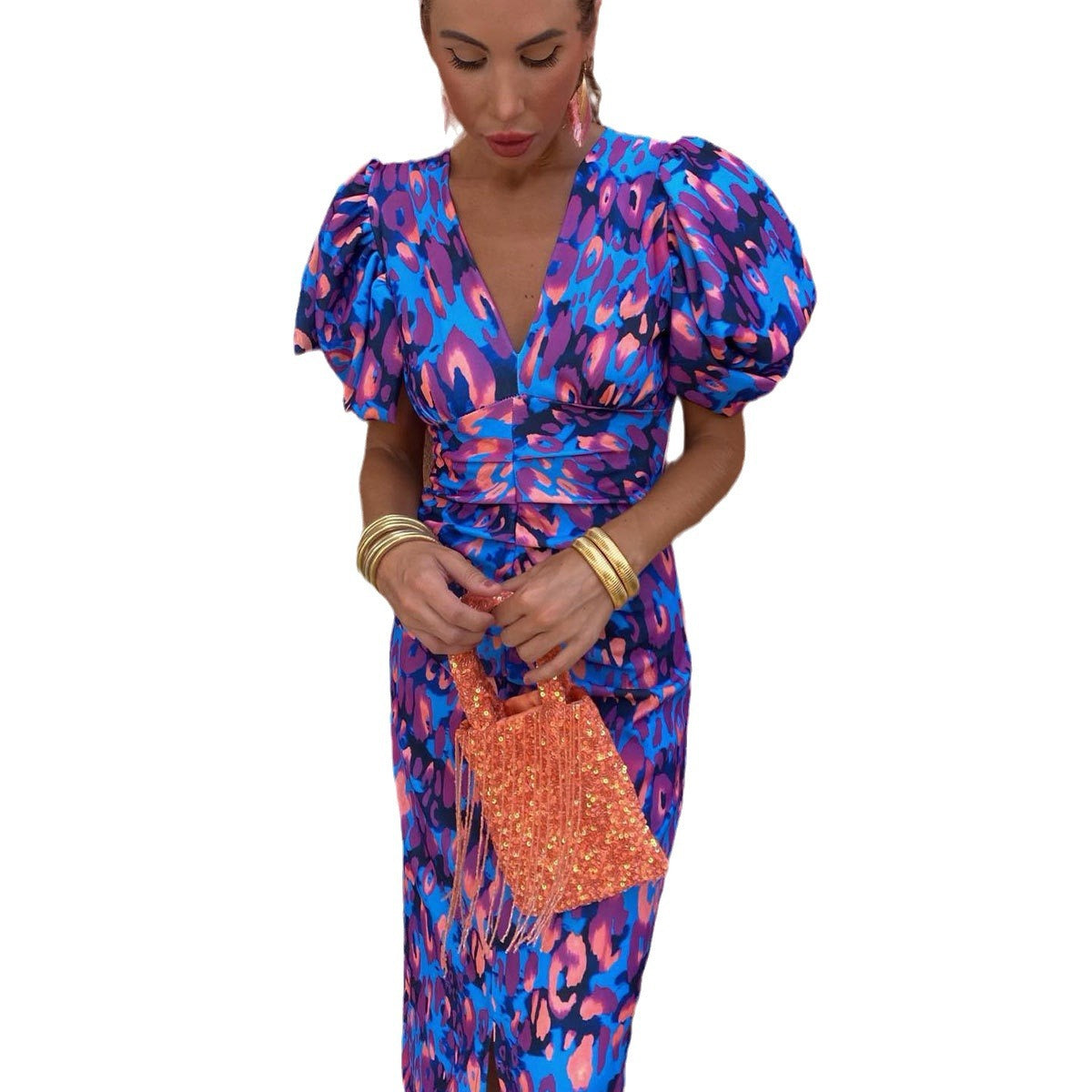 Women's Puff-Sleeve Floral V-Neck Long Dress (photo 6)
