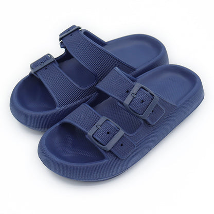 Platform Slide Sandals with Double Buckle, EVA – Navy Blue
