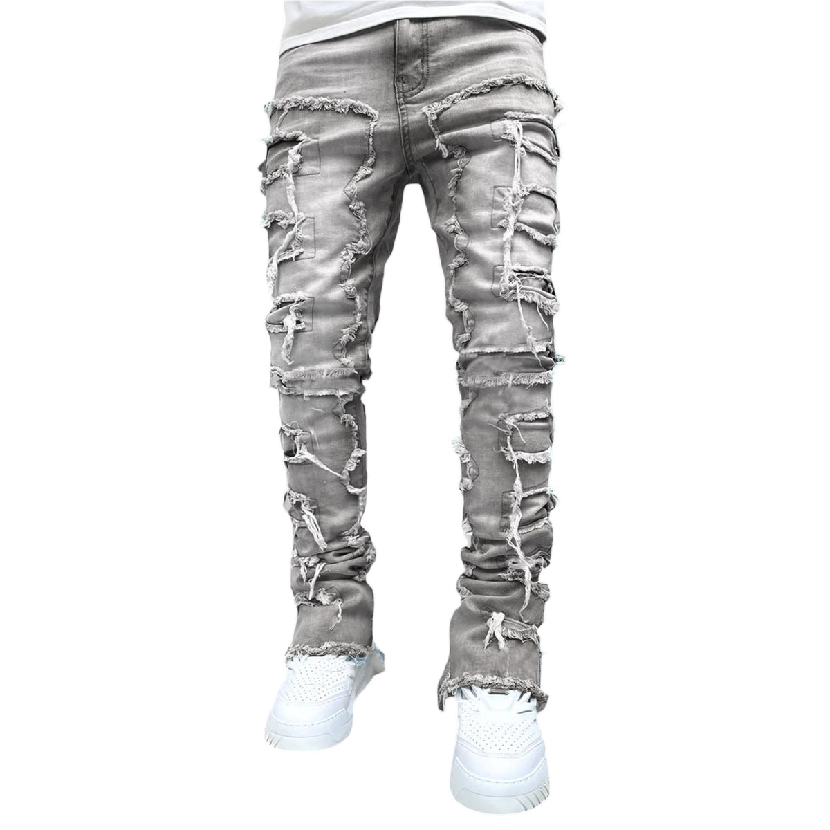 Men's Fringed Ripped Stacked Skinny Jeans (photo 15)