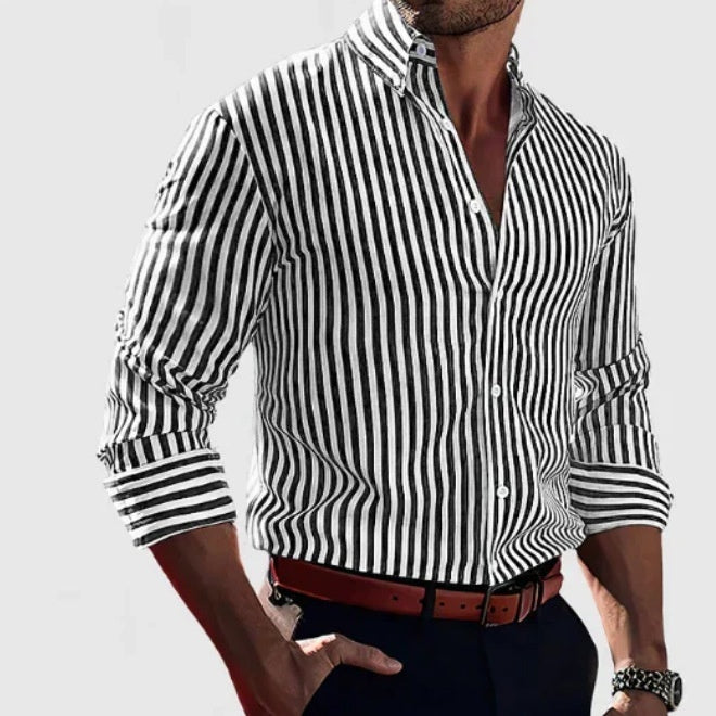 Men's Striped Long-Sleeve Lapel Button Shirt (photo 13)