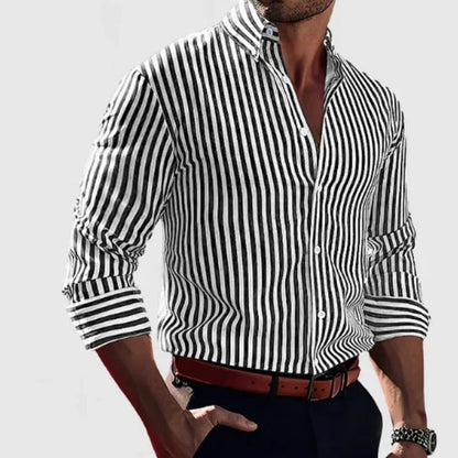 Men's Striped Long-Sleeve Lapel Button Shirt (photo 13)