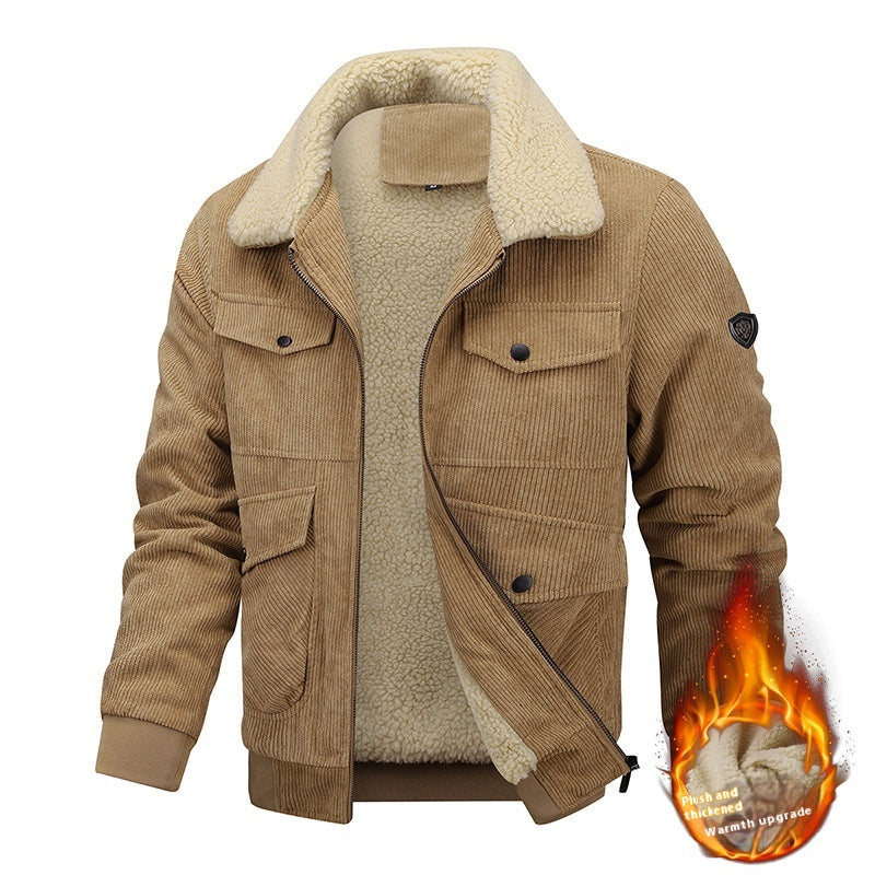 Men's Lapel Padded Fleece Jacket with Pockets