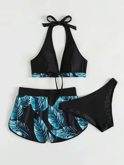 Women's 3-Piece Leaf Print Bikini with Shorts (photo 5)