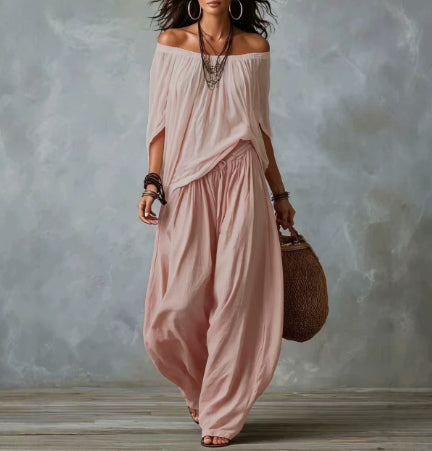Women's Off-Shoulder Top and Flare Pants Set (photo 3)
