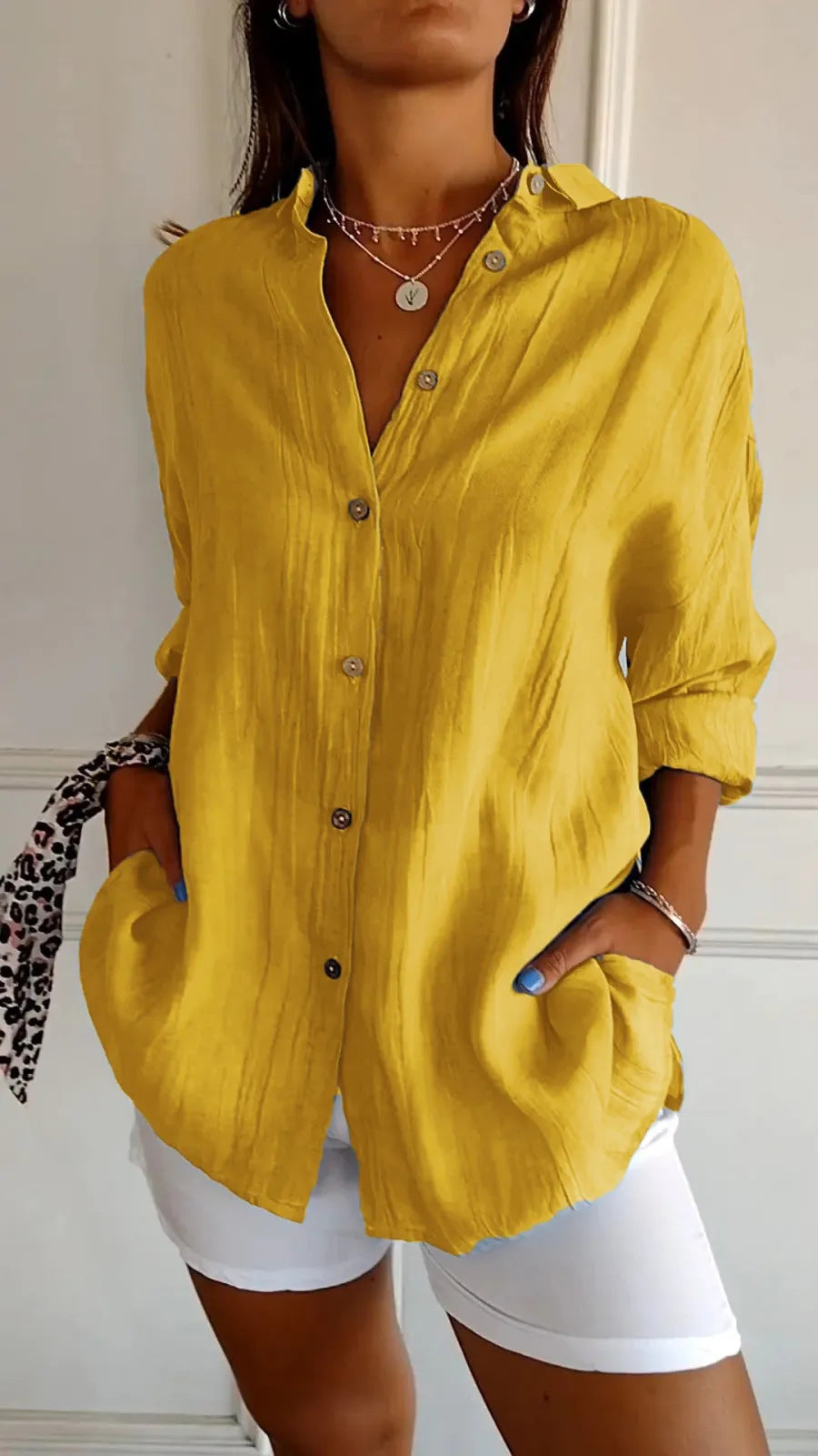 Women's Lapel Long-Sleeve Pleated Button-Front Shirt (photo 14)
