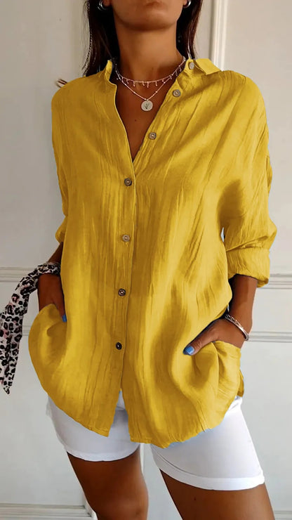Women's Lapel Long-Sleeve Pleated Button-Front Shirt (photo 14)