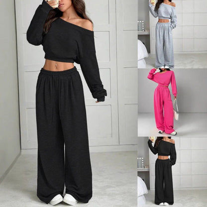 Women's One-Shoulder Sweatshirt and Tie-Waist Trousers Set (photo 2)