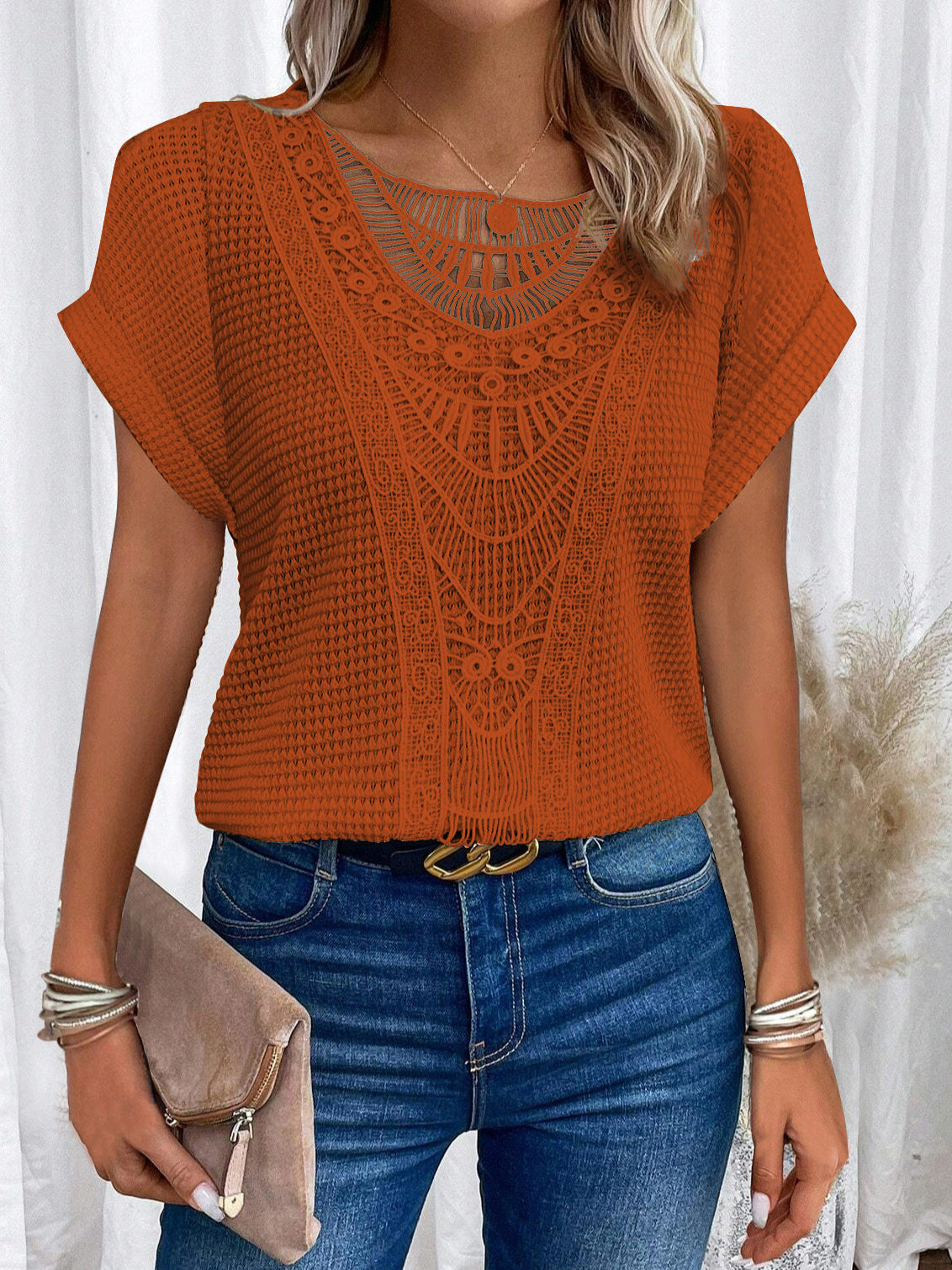 Women's Cut-Out Short-Sleeve Ethnic Style T-Shirt (photo 7)