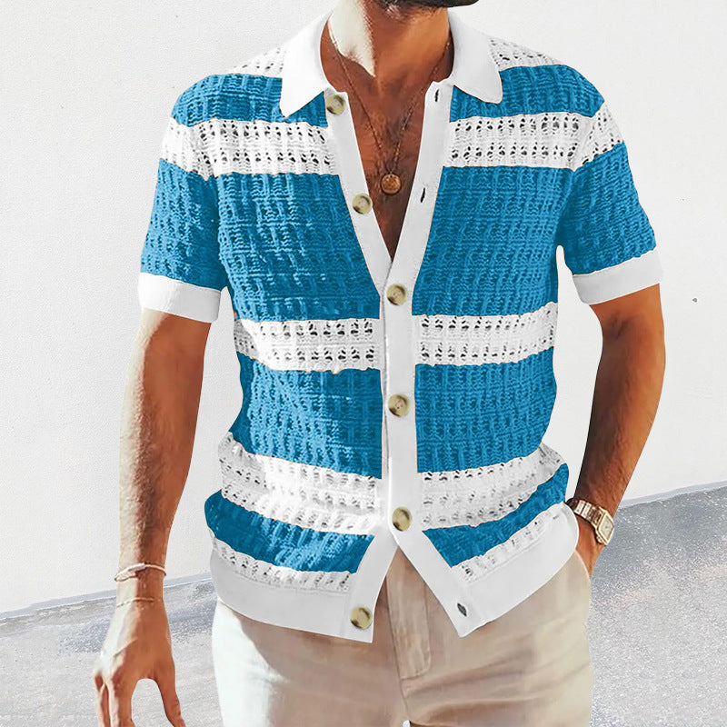 Men's Knit Polo Cardigan Shirt with Cut-Out Pattern (photo 5)