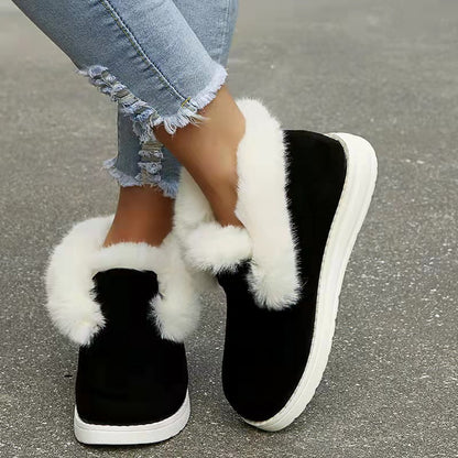 Women's Slip-On Snow Boots with Plush Collar and Lining – Black