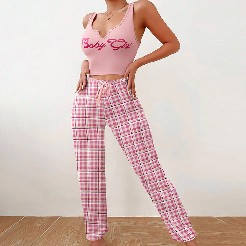 Women's Sleeveless Pajama Set with Plaid Pants (photo 4)