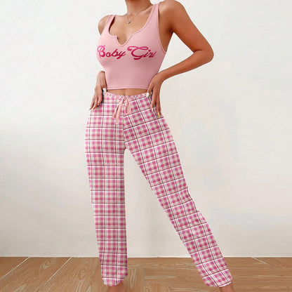 Women's Sleeveless Pajama Set with Plaid Pants (photo 4)