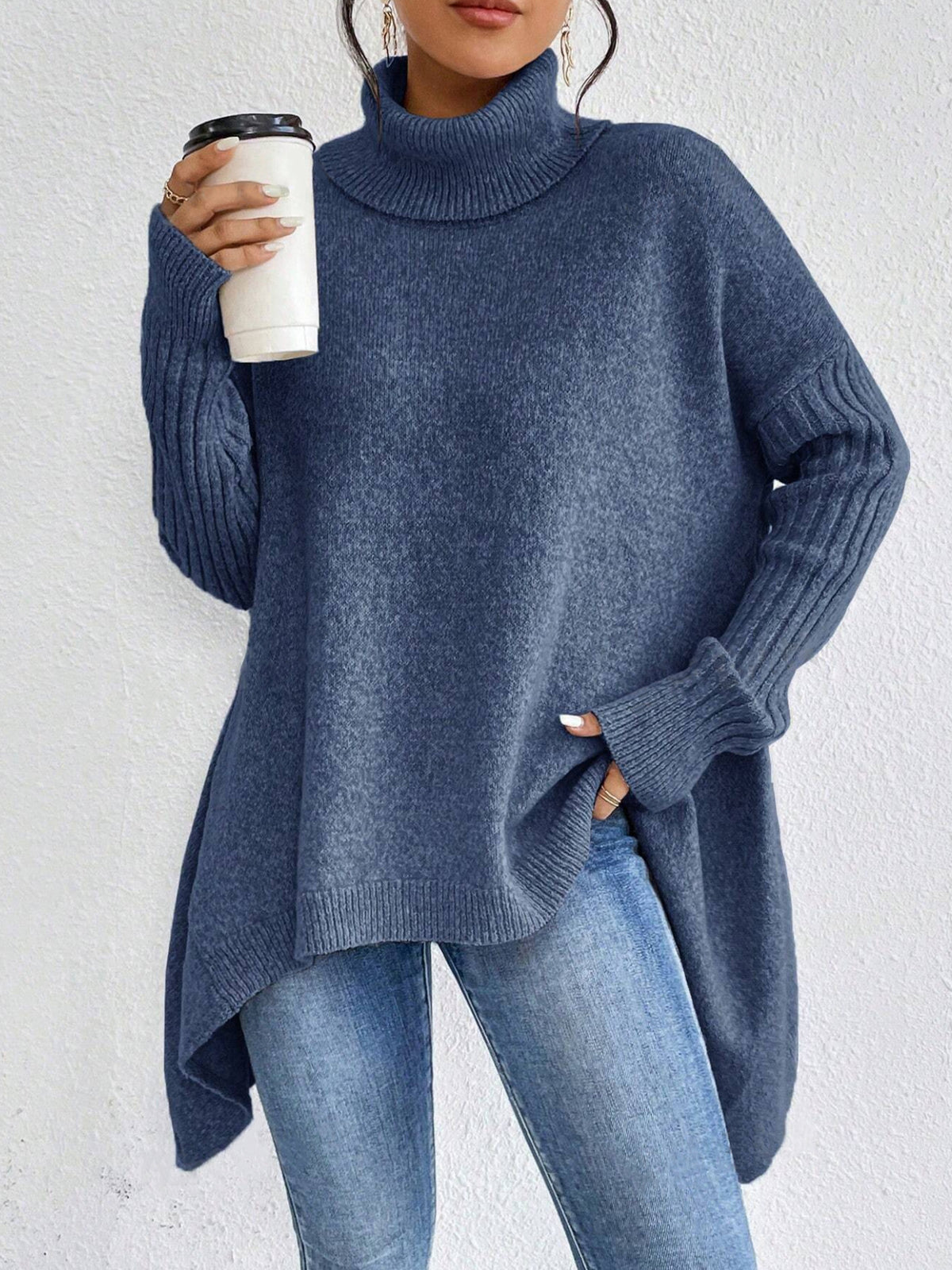 Women's Loose Irregular-Hem Turtleneck Sweater (photo 9)