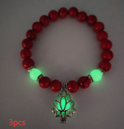 Glow-in-the-Dark Lotus Charm Beaded Bracelet – D, 3-Pack