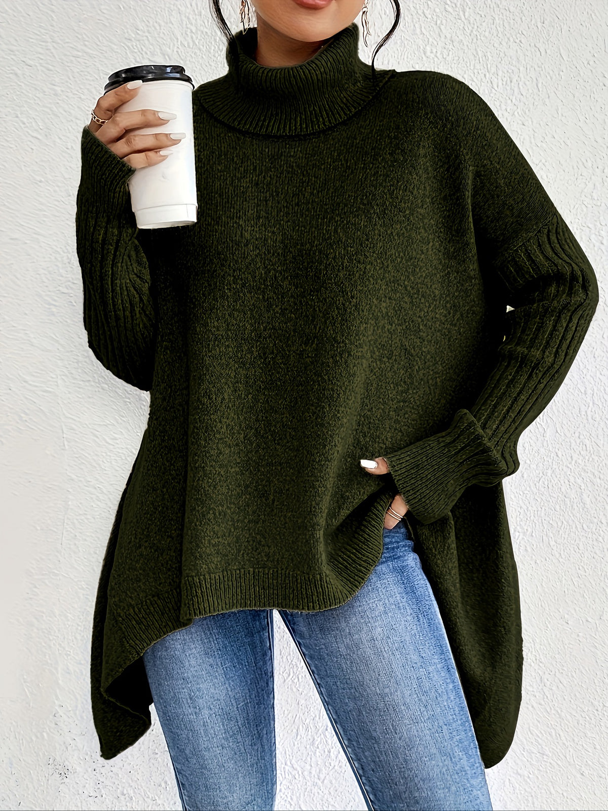 Women's Loose Irregular-Hem Turtleneck Sweater (photo 6)