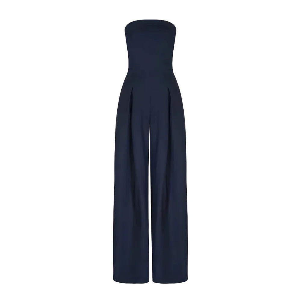Navy strapless wide-leg jumpsuit on a white background