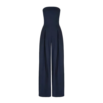 Navy strapless wide-leg jumpsuit on a white background