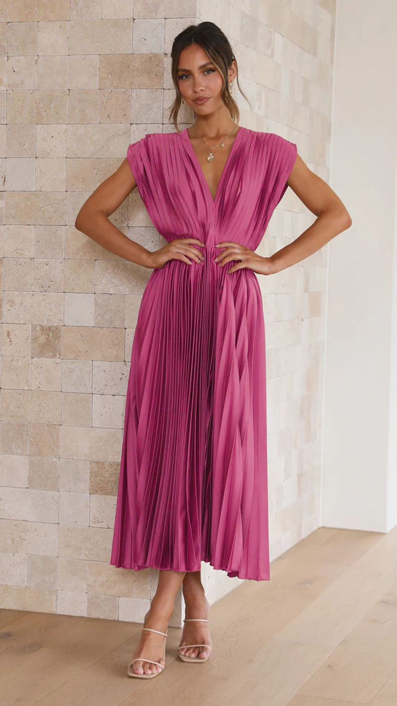 Women's V-Neck Pleated Sleeveless Dress with Zipper (photo 11)