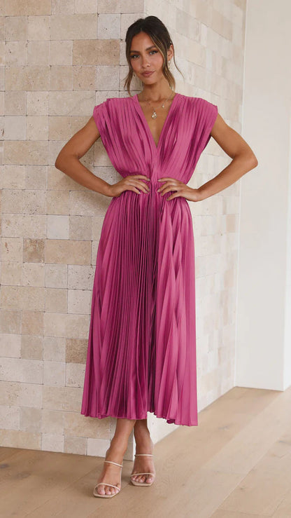 Women's V-Neck Pleated Sleeveless Dress with Zipper (photo 11)
