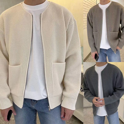 Men's Lined Zip-Up Knit Cardigan with Funnel Neck