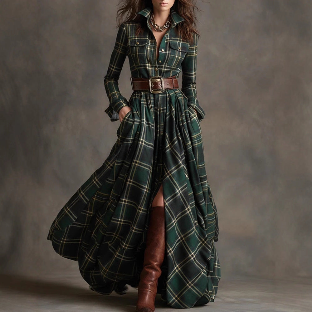 Women's Plaid Long-Sleeve Shirt Dress with Pockets (photo 3)