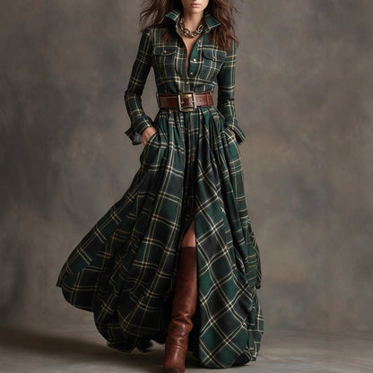 Women's Plaid Long-Sleeve Shirt Dress with Pockets (photo 3)