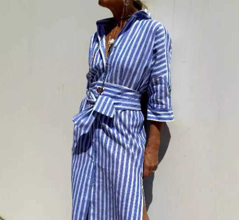 Women's Striped Half-Sleeve Shirt Dress with Belt (photo 10)