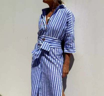 Women's Striped Half-Sleeve Shirt Dress with Belt (photo 10)
