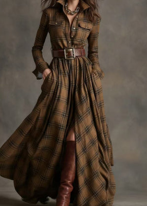 Women's Plaid Long-Sleeve Shirt Dress with Pockets (photo 21)
