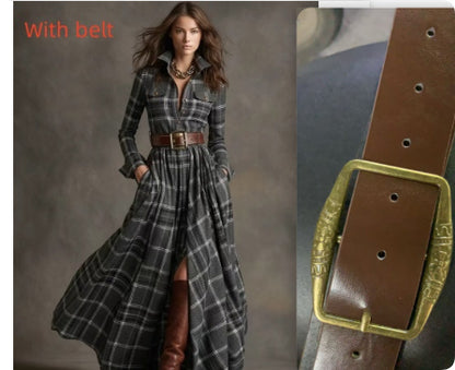 Women's Plaid Long-Sleeve Shirt Dress with Pockets (photo 16)