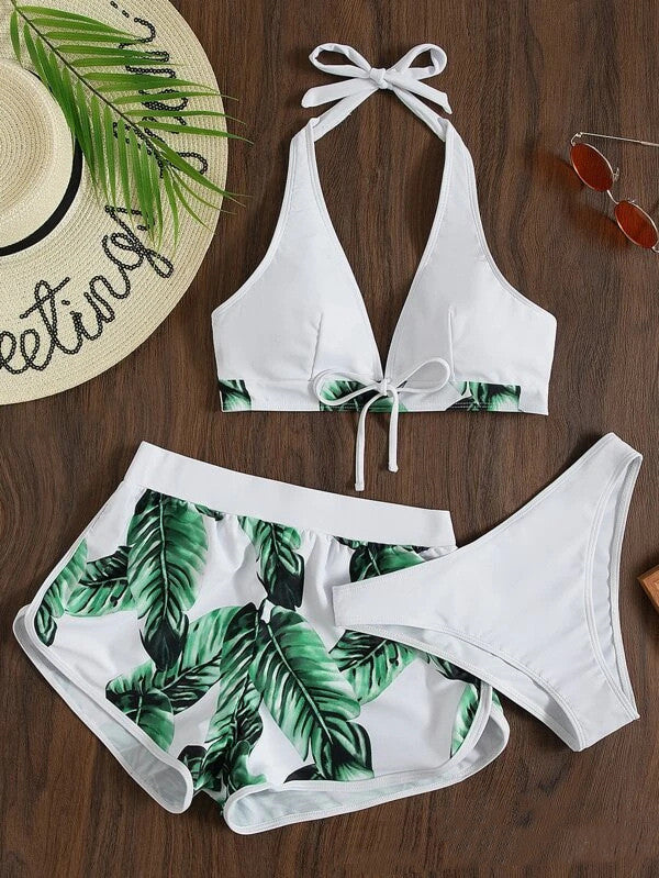 Women's 3-Piece Leaf Print Bikini with Shorts (photo 11)