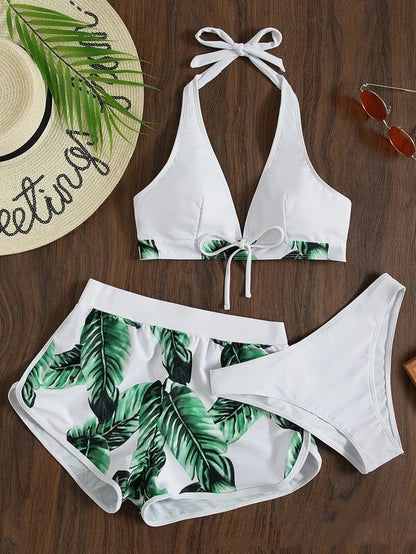 Women's 3-Piece Leaf Print Bikini with Shorts (photo 11)