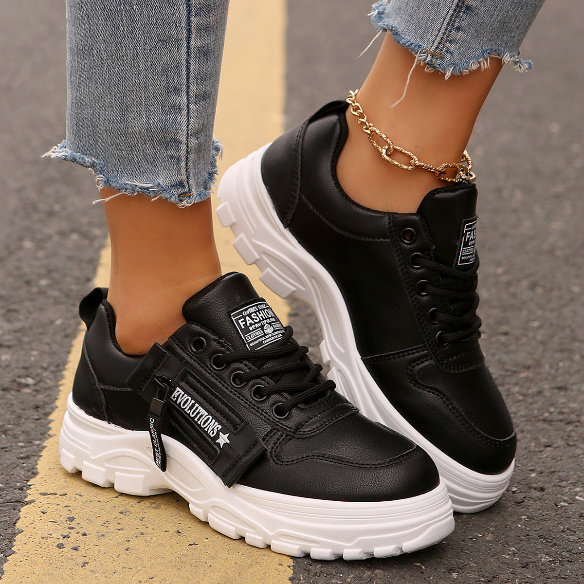 Women's Chunky Sole Lace-Up Sneakers with Side Zipper (photo 5)