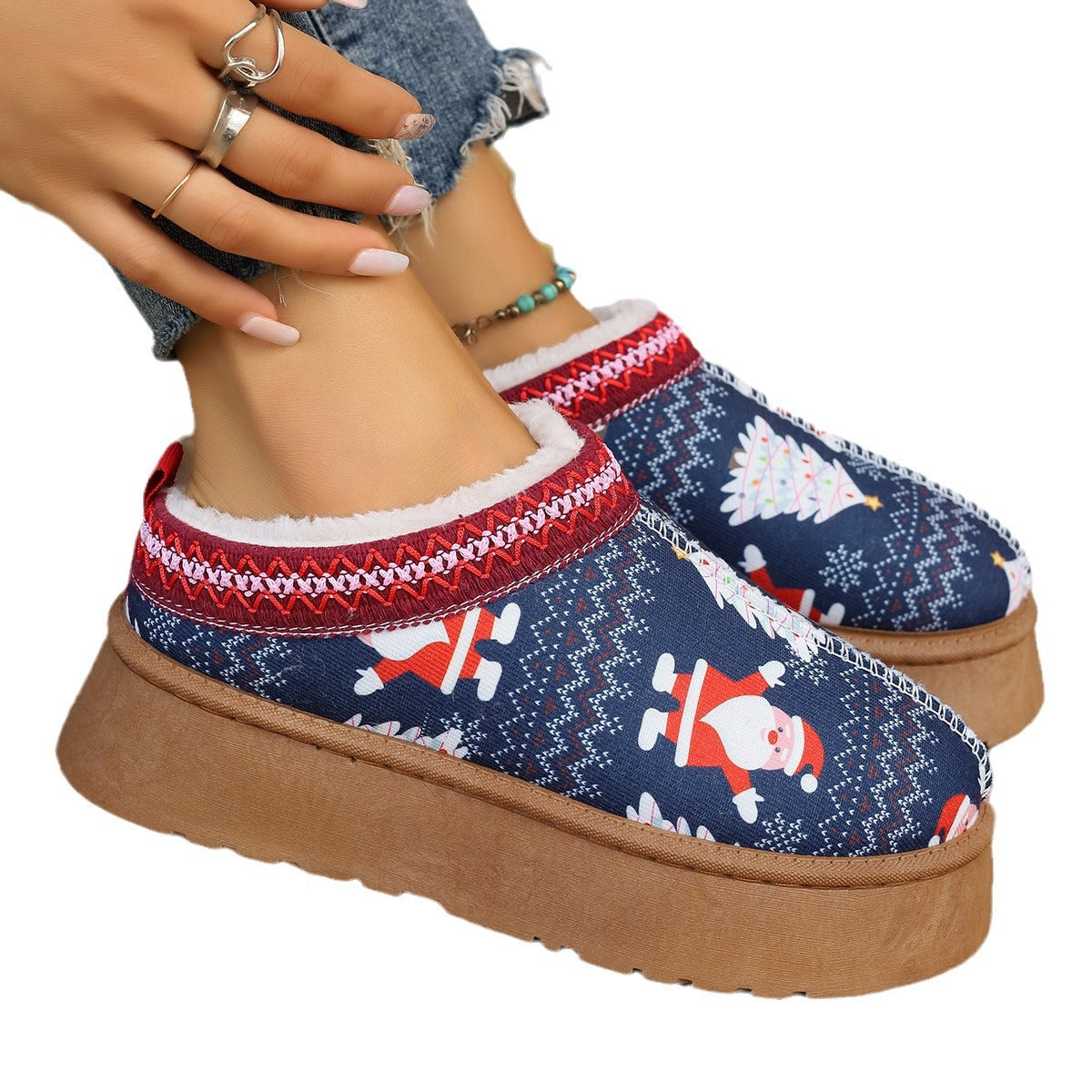 Women's Christmas Print Plush-Lined Slip-On Ankle Boots (photo 10)