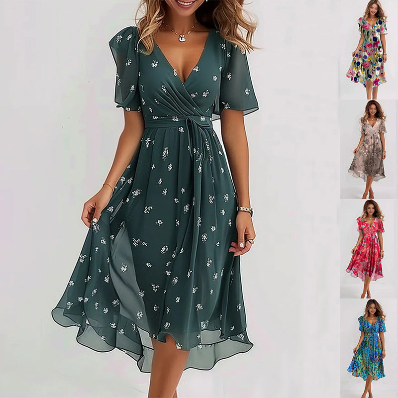Women's Printed Chiffon V-Neck Short-Sleeve Dress