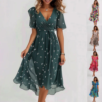 Women's Printed Chiffon V-Neck Short-Sleeve Dress