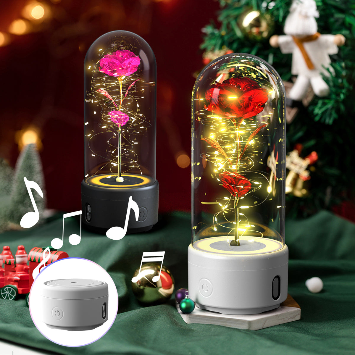 Preserved Rose LED Light and Bluetooth Speaker in Glass Dome
