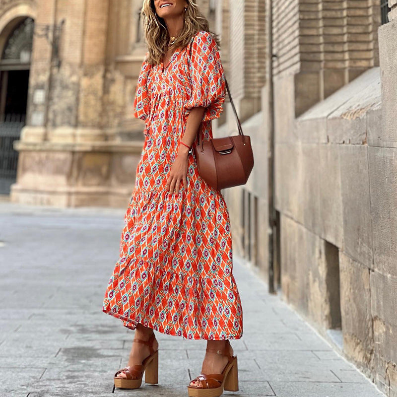 Women's Boho Print V-Neck Short-Sleeve Long Dress (photo 11)